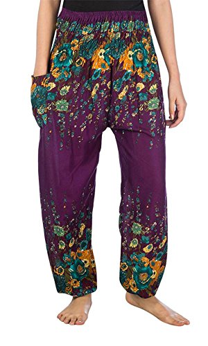 Lofbaz Damen Boho Haremshose Festival Outfit Sommerhose Leicht Yogahose Pumphose Hippie Hose Kleidung Sommer Hosen - Floral 2 Violett 3XL Große Größen von Lofbaz