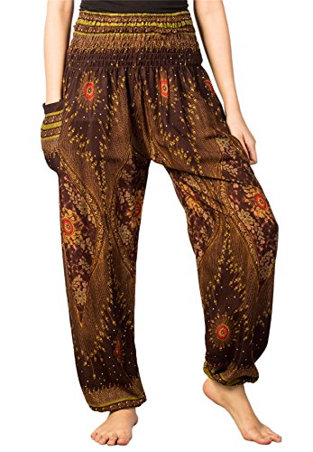 Lofbaz Damen Haremshose Festival Boho Outfit Yogahose Sommerhose Leicht Pumphose Hippie Hose Kleidung Sommer Hosen - Floral 1 Braun XXL Große Größen von Lofbaz