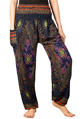 Lofbaz Damen Haremshose Festival Boho Outfit Yogahose Sommerhose Leicht Pumphose Hippie Hose Kleidung Sommer Hosen - Floral 1 Dunkelblau 3XL Große Größen von Lofbaz