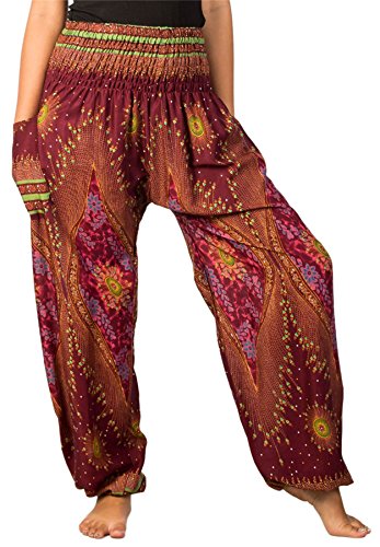 Lofbaz Damen Haremshose Festival Boho Outfit Yogahose Sommerhose Leicht Pumphose Hippie Hose Kleidung Sommer Hosen - Floral 1 Maroon 3XL Große Größen von Lofbaz