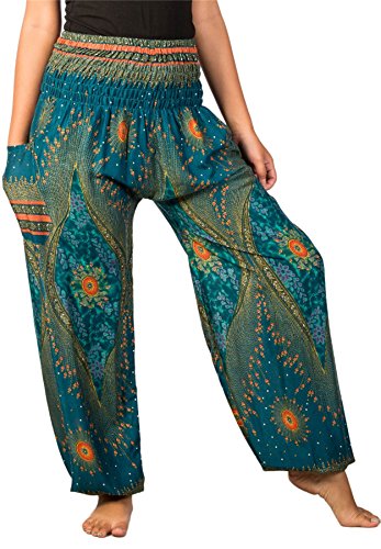 Lofbaz Damen Haremshose Festival Boho Outfit Yogahose Sommerhose Leicht Pumphose Hippie Hose Kleidung Sommer Hosen - Floral 1 Teal Grün S von Lofbaz