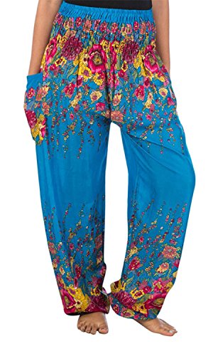 Lofbaz Damen Haremshose Yogahose Pumphose Hippie Hose Boho Kleidung Festival Outfit Sommerhose Leicht Sommer Hosen - Floral 2 Blau L von Lofbaz