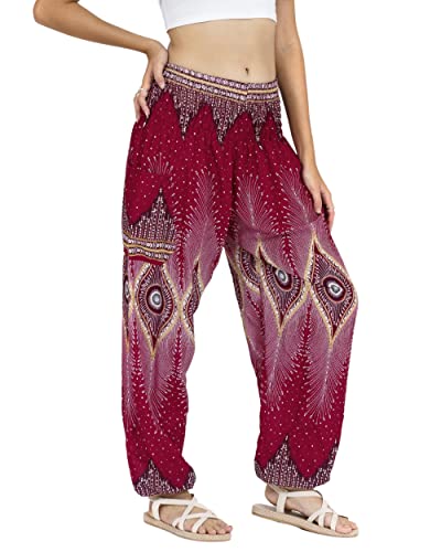 Lofbaz Damen Haremshose Yogahose Pumphose Hippie Hose Boho Kleidung Festival Outfit Sommerhose Leicht Sommer Hosen - Floral 2 Burgund XXL Große Größen von Lofbaz