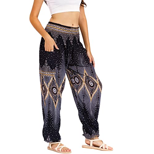 Lofbaz Damen Haremshose Yogahose Pumphose Hippie Hose Boho Kleidung Festival Outfit Sommerhose Leicht Sommer Hosen - Floral 2 Schwarz XXL Große Größen von Lofbaz