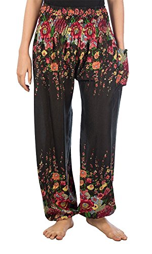 Lofbaz Damen Haremshose Yogahose Pumphose Hippie Hose Boho Kleidung Festival Outfit Sommerhose Leicht Sommer Hosen - Floral 2 Schwarz M von Lofbaz