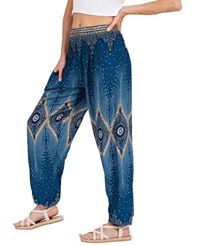 Lofbaz Damen Haremshose Yogahose Pumphose Hippie Hose Boho Kleidung Festival Outfit Sommerhose Leicht Sommer Hosen - Floral 2 Teal Grün L von Lofbaz