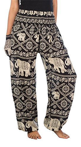 Lofbaz Damen Boho Haremshose Festival Outfit Sommerhose Leicht Yogahose Pumphose Hippie Hose Kleidung Sommer Hosen - Elephant 1 Schwarz XXL Große Größen von Lofbaz