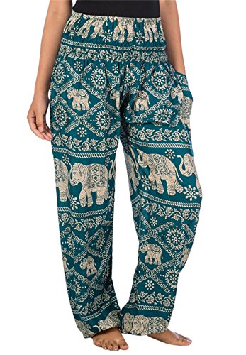 Lofbaz Damen Boho Haremshose Festival Outfit Sommerhose Leicht Yogahose Pumphose Hippie Hose Kleidung Sommer Hosen - Elephant 1 Teal Grün XXL Große Größen von Lofbaz