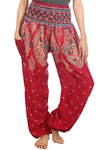 Lofbaz Damen Haremshose Yogahose Pumphose Hippie Hose Boho Kleidung Festival Outfit Sommerhose Leicht Sommer Hosen - Floral 3 Burgund 4XL Große Größen von Lofbaz