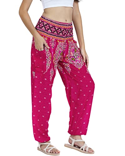 Lofbaz Damen Haremshose Yogahose Pumphose Hippie Hose Boho Kleidung Festival Outfit Sommerhose Leicht Sommer Hosen - Floral 3 Rosa XXL Große Größen von Lofbaz