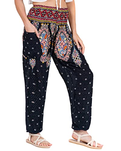 Lofbaz Damen Haremshose Yogahose Pumphose Hippie Hose Boho Kleidung Festival Outfit Sommerhose Leicht Sommer Hosen - Floral 3 Schwarz XXL Große Größen von Lofbaz