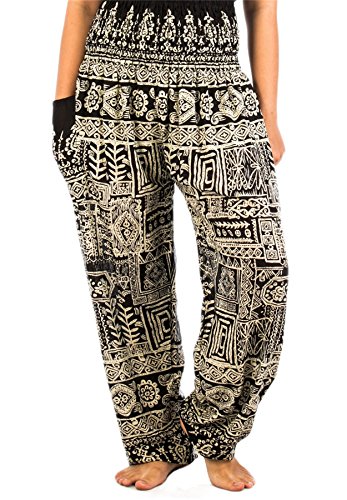 Lofbaz Haremshose Damen Boho Yogahose Pumphose Hippie Hose Kleidung Festival Outfit Sommerhose Leicht Sommer Hosen - Funky Schwarz 3XL Große Größen von Lofbaz