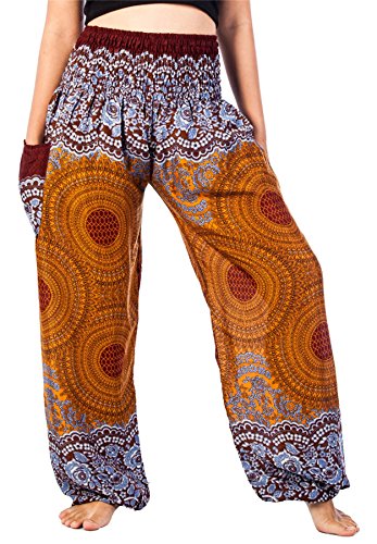 Lofbaz Haremshose Damen Boho Yogahose Pumphose Hippie Hose Kleidung Festival Outfit Sommerhose Leicht Sommer Hosen - Rose 1 Braun 3XL Große Größen von Lofbaz