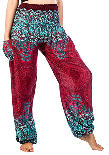 Lofbaz Haremshose Damen Boho Yogahose Pumphose Hippie Hose Kleidung Festival Outfit Sommerhose Leicht Sommer Hosen - Rose 1 Burgund XXL Große Größen von Lofbaz