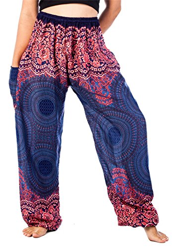 Lofbaz Haremshose Damen Boho Yogahose Pumphose Hippie Hose Kleidung Festival Outfit Sommerhose Leicht Sommer Hosen - Rose 1 Dunkelblau XXL Große Größen von Lofbaz