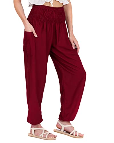 Lofbaz Damen Haremshose Yogahose Pumphose Hippie Hose Boho Kleidung Festival Outfit Sommerhose Leicht Sommer Hosen - Solid 1 Burgund L von Lofbaz