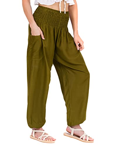 Lofbaz Damen Haremshose Yogahose Pumphose Hippie Hose Boho Kleidung Festival Outfit Sommerhose Leicht Sommer Hosen - Solid 1 Dunkelgrün 3XL Große Größen von Lofbaz