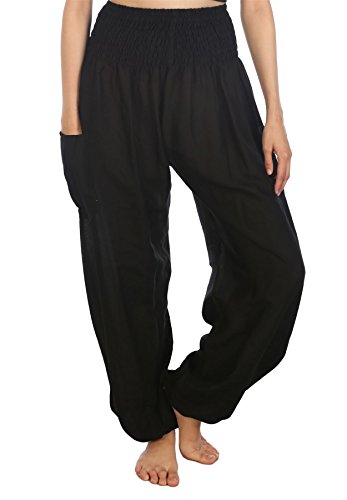 Lofbaz Damen Haremshose Yogahose Pumphose Hippie Hose Boho Kleidung Festival Outfit Sommerhose Leicht Sommer Hosen - Solid 1 Schwarz 3XL Große Größen von Lofbaz