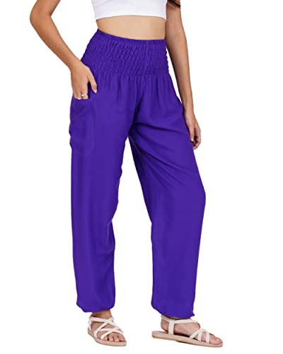 Lofbaz Damen Haremshose Yogahose Pumphose Hippie Hose Boho Kleidung Festival Outfit Sommerhose Leicht Sommer Hosen - Solid 1 Violett L von Lofbaz