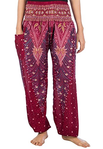 Lofbaz Damen Haremshose Yogahose Pumphose Hippie Hose Boho Kleidung Festival Outfit Sommerhose Leicht Sommer Hosen - Peacock 1 Burgund 3XL Große Größen von Lofbaz