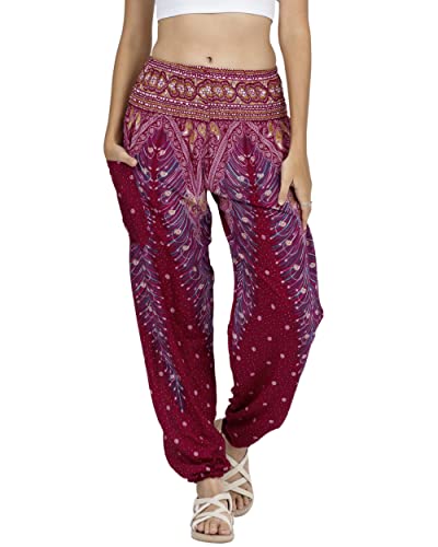 Lofbaz Damen Haremshose Yogahose Pumphose Hippie Hose Boho Kleidung Festival Outfit Sommerhose Leicht Sommer Hosen - Peacock 1 Burgund 4XL Große Größen von Lofbaz