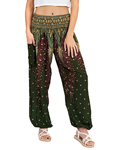 Lofbaz Damen Haremshose Yogahose Pumphose Hippie Hose Boho Kleidung Festival Outfit Sommerhose Leicht Sommer Hosen - Peacock 1 Grün 4XL Große Größen von Lofbaz