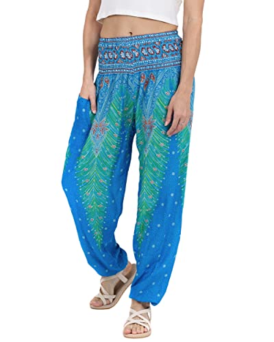 Lofbaz Damen Haremshose Yogahose Pumphose Hippie Hose Boho Kleidung Festival Outfit Sommerhose Leicht Sommer Hosen - Peacock 1 Hellblau 3XL Große Größen von Lofbaz