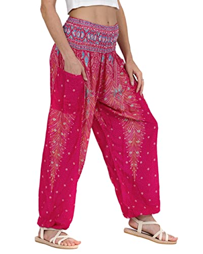 Lofbaz Damen Haremshose Yogahose Pumphose Hippie Hose Boho Kleidung Festival Outfit Sommerhose Leicht Sommer Hosen - Peacock 1 Rosa XXL Große Größen von Lofbaz