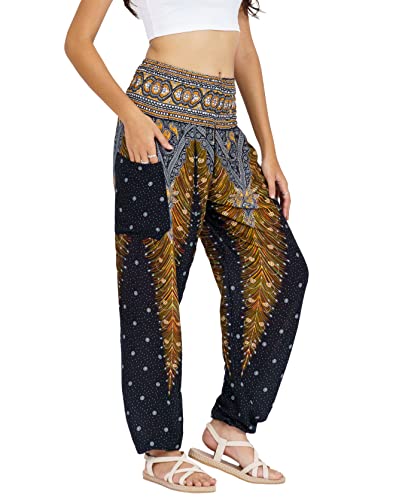 Lofbaz Damen Haremshose Yogahose Pumphose Hippie Hose Boho Kleidung Festival Outfit Sommerhose Leicht Sommer Hosen - Peacock 1 Schwarz 3XL Große Größen von Lofbaz