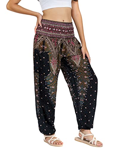 Lofbaz Damen Haremshose Yogahose Pumphose Hippie Hose Boho Kleidung Festival Outfit Sommerhose Leicht Sommer Hosen - Peacock 1 Schwarz B L von Lofbaz