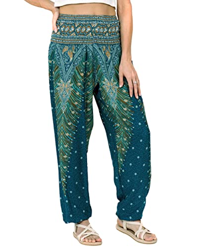 Lofbaz Damen Haremshose Yogahose Pumphose Hippie Hose Boho Kleidung Festival Outfit Sommerhose Leicht Sommer Hosen - Peacock 1 Teal Grün 3XL Große Größen von Lofbaz