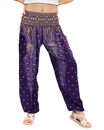 Lofbaz Damen Haremshose Yogahose Pumphose Hippie Hose Boho Kleidung Festival Outfit Sommerhose Leicht Sommer Hosen - Peacock 1 Violett 3XL Große Größen von Lofbaz