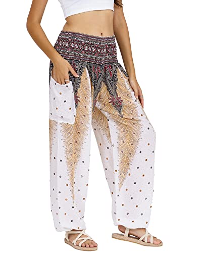 Lofbaz Damen Haremshose Yogahose Pumphose Hippie Hose Boho Kleidung Festival Outfit Sommerhose Leicht Sommer Hosen - Peacock 1 Weiß L von Lofbaz