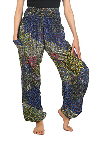 Lofbaz Damen Boho Haremshose Festival Outfit Sommerhose Leicht Yogahose Pumphose Hippie Hose Kleidung Sommer Hosen - Peacock 3 Blau B XXL Große Größen von Lofbaz