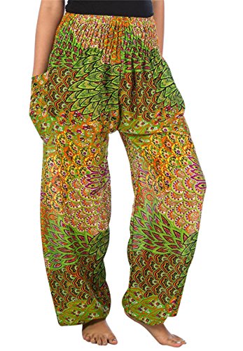 Lofbaz Damen Boho Haremshose Festival Outfit Sommerhose Leicht Yogahose Pumphose Hippie Hose Kleidung Sommer Hosen - Peacock 3 Light Grün XXL von Lofbaz