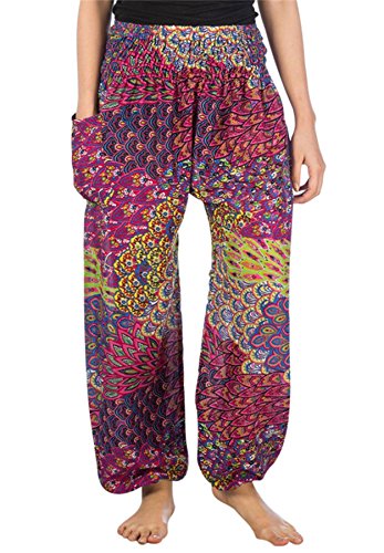 Lofbaz Damen Boho Haremshose Festival Outfit Sommerhose Leicht Yogahose Pumphose Hippie Hose Kleidung Sommer Hosen - Peacock 3 Rosa M von Lofbaz