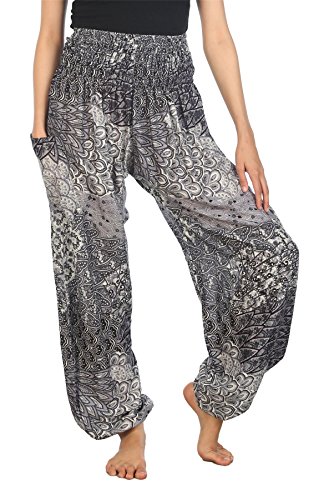 Lofbaz Damen Boho Haremshose Festival Outfit Sommerhose Leicht Yogahose Pumphose Hippie Hose Kleidung Sommer Hosen - Peacock 3 Schwarz B 4XL Große Größen von Lofbaz