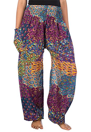 Lofbaz Damen Boho Haremshose Festival Outfit Sommerhose Leicht Yogahose Pumphose Hippie Hose Kleidung Sommer Hosen - Peacock 3 Violett L von Lofbaz