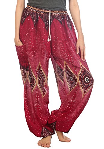 Lofbaz Damen Kordelzug Diamant Harem Boho Genie Hose Burgund 2XL von Lofbaz