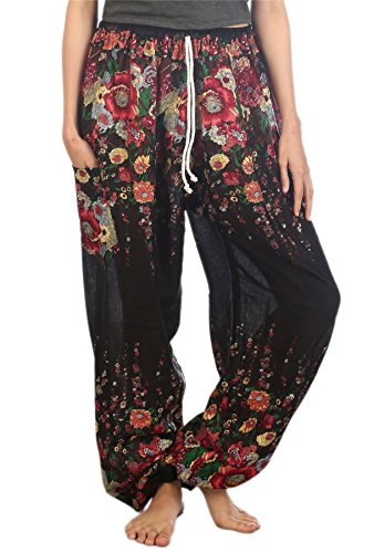 Lofbaz Damen Kordelzug Floral 1 Harem Boho Hose Schwarz 2XL von Lofbaz