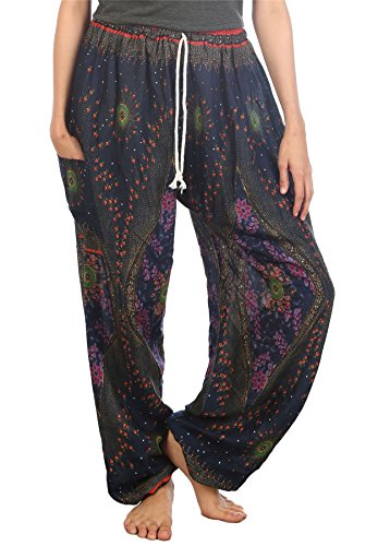 Lofbaz Damen Kordelzug Floral 2 Harem Boho Hose Dunkelblau 2XL von Lofbaz