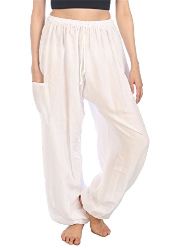 Lofbaz Damen Kordelzug Harem Solide Bohemien Hippie Rayon Hose Weiß L von Lofbaz