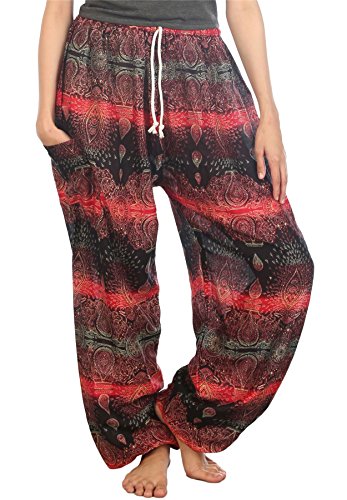 Lofbaz Damen Kordelzug Paisley Harem Boho Genie Hose Rot L von Lofbaz