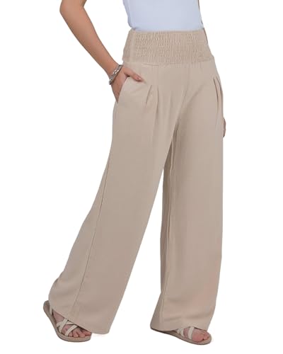Lofbaz Damen Leinen Palazzo Weite Beinhose Luftig Lounge Freizeit Hohe Taille Sommer Strand Boho Lange Hose mit Taschen Khaki XL von Lofbaz