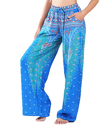 Lofbaz Damen Palazzo-Hose, mit Muster bedruckt Gr. XL, Pfau 1 hellblau von Lofbaz