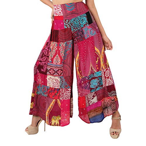 Lofbaz Damen Patchwork Breites Bein Palazzo Hose Yoga Lounge Hippie Harem Fließende Hose Junioren Damen Reisen Vertuschen Beachwear Patchwork Burgund S von Lofbaz