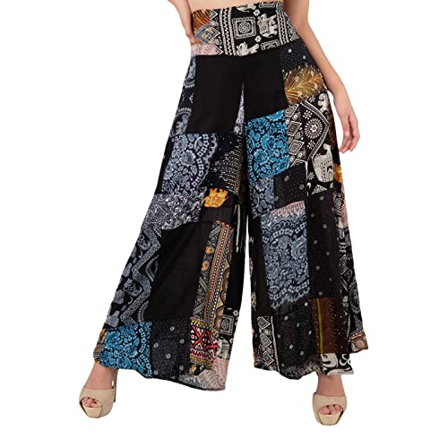 Lofbaz Damen Patchwork Breites Bein Palazzo Hose Yoga Lounge Hippie Harem Fließende Hose Junioren Damen Reisen Vertuschen Beachwear Patchwork Schwarz 2XL von Lofbaz