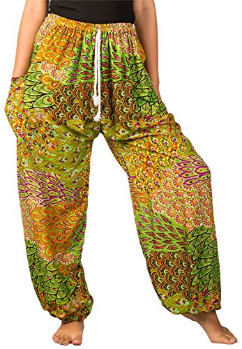 Lofbaz Damen Pfau Kordelzug Harem Boho Hose Hellgrün 2XL von Lofbaz