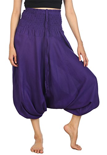 Lofbaz Damen Solide Smocked Taille 2 in 1 Harem Overall Hose Violett M von Lofbaz