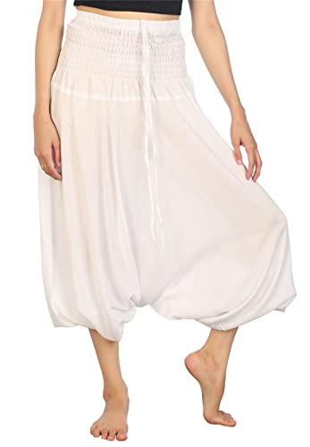 Lofbaz Damen Solide Smocked Taille 2 in 1 Harem Overall Hose Weiß L von Lofbaz